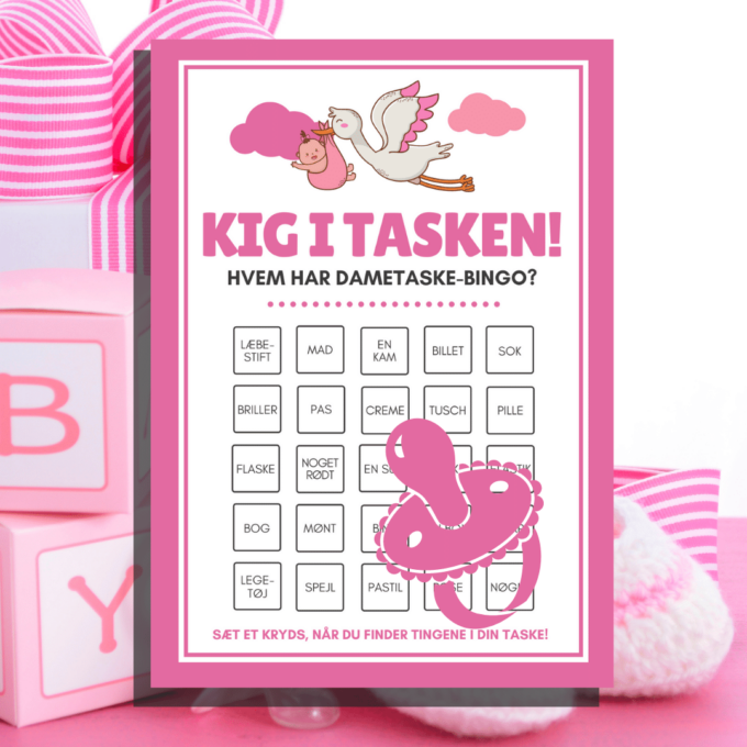 7 sjove spil til babyshower - pink - Lou Noire - Dametaske-bingo 7 sjove spil til babyshower - pink - Lou Noire - Dametaske-bingo