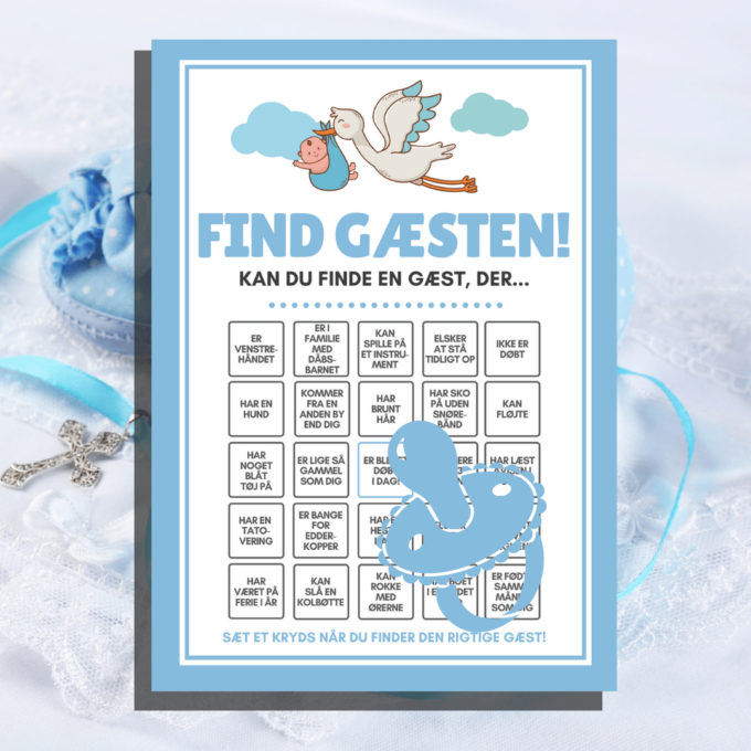 7 spil & gæstebog til barnedåb - blå - Lou Noire - Find gæsten