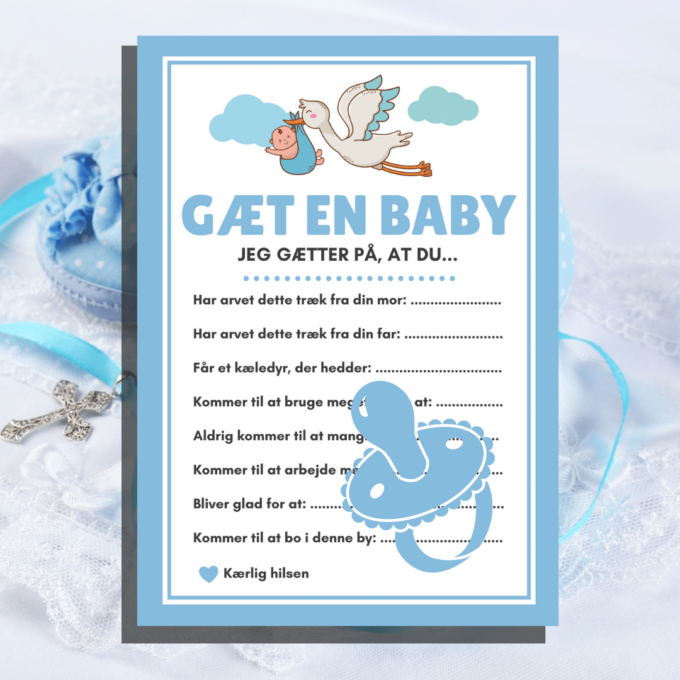 7 spil & gæstebog til barnedåb - blå - Lou Noire - Gæt en baby