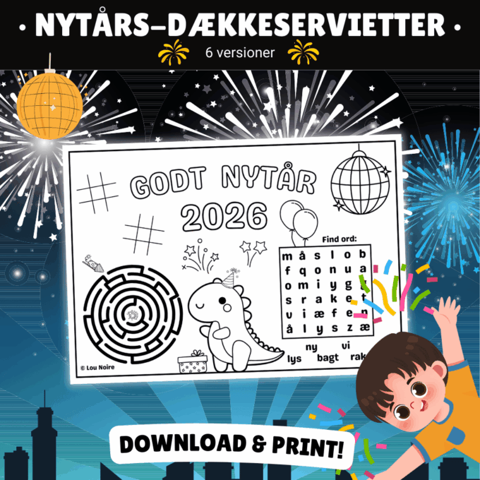Dækkeserviet til Nytår - 6 stk. - Mal og gæt for børn