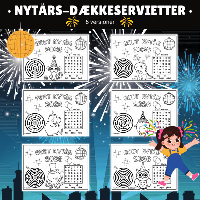 Dækkeserviet til Nytår - 6 stk. - Underholdning for børn til nytår