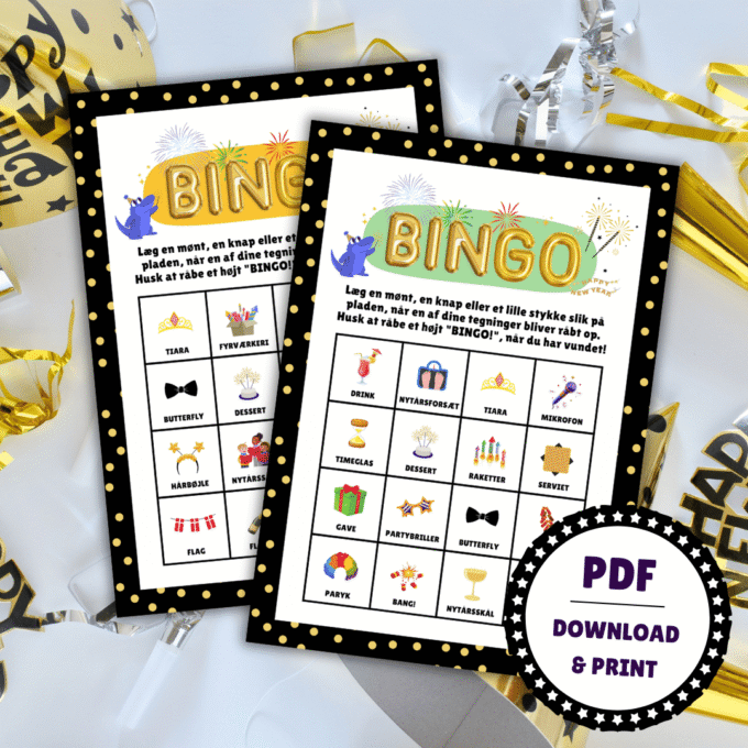 Nytårsbingo - 20 plader - Lou Noire - Print selv bingo plader