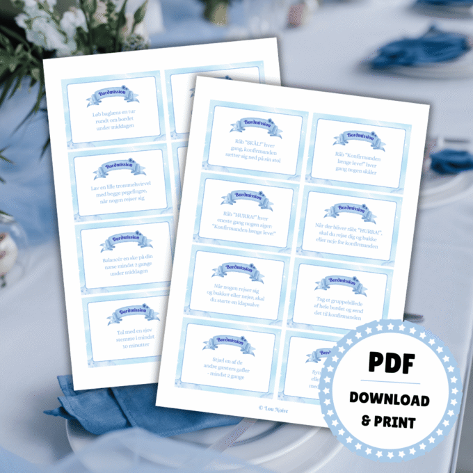 Bordmissioner til konfirmation - blå - Lou Noire - Seddel under tallerken