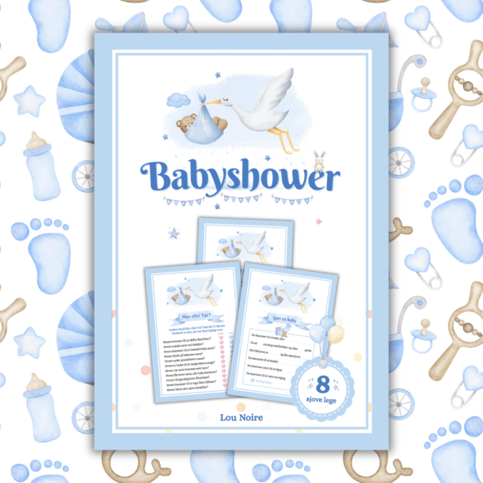 8 sjove lege til babyshower - blå - Lou Noire - Cover